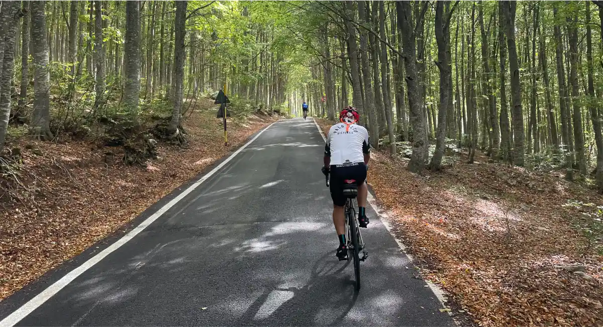 Cyclists riding the legendary Blockhaus climb in Abruzzo