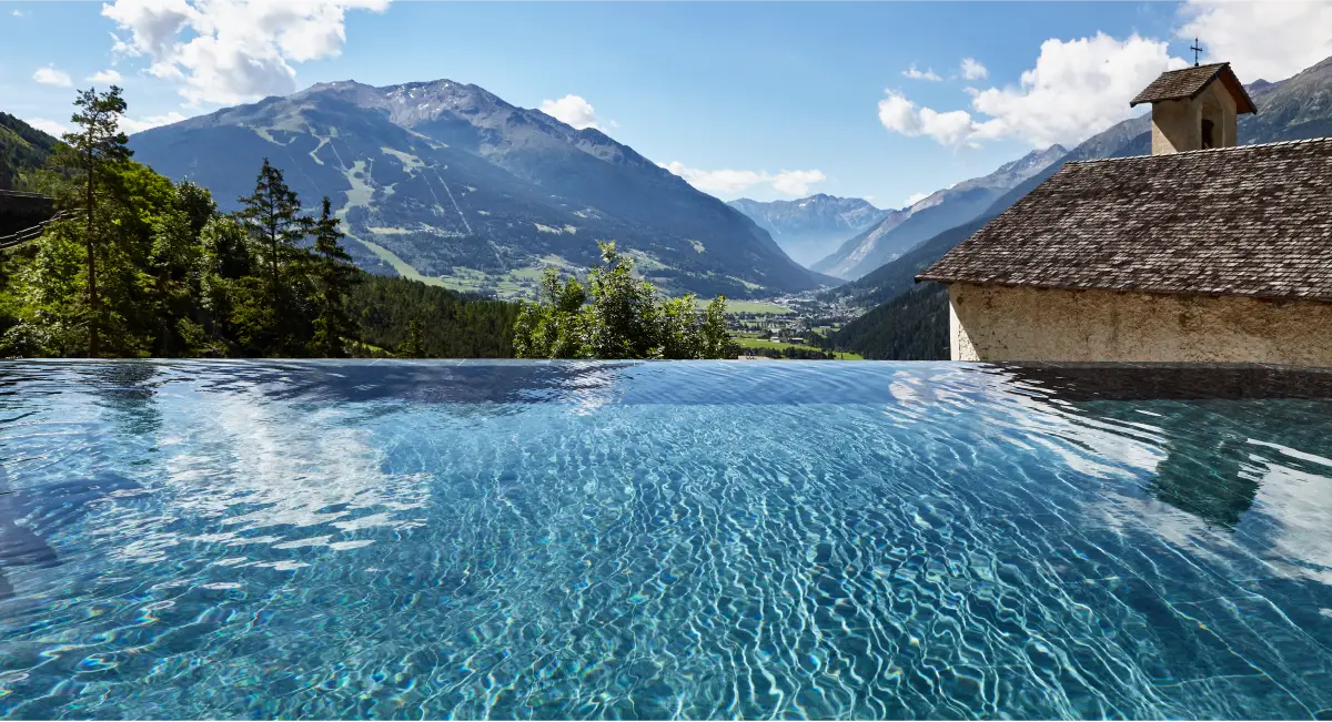 View of the Roman Baths Bagni Vecchi overlooking the valley in Bormio