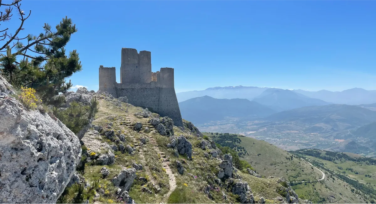 View of Rocca Calascio castle overlooking the Abruzzo mountains