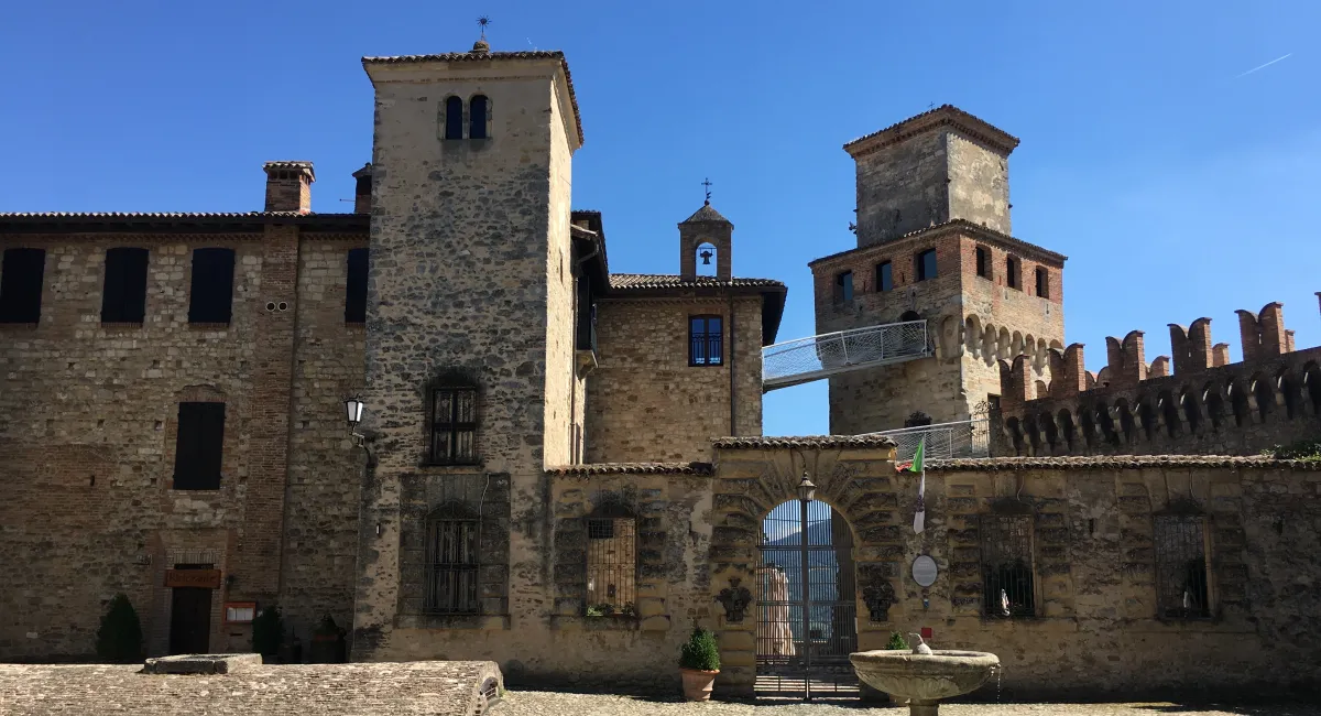 Stone walls and towers of Vigoleno medieval village near Parma