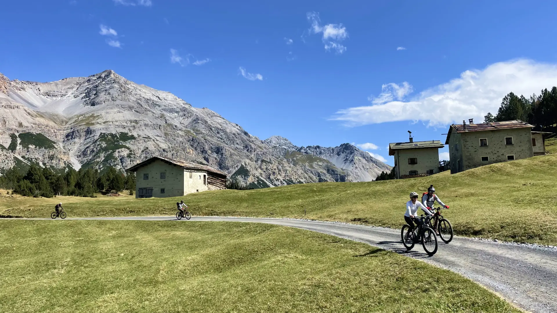 Cyclists riding e-bikes through alpine meadows near Livigno with mountain peaks in the background on the E-bike tour of the Alps