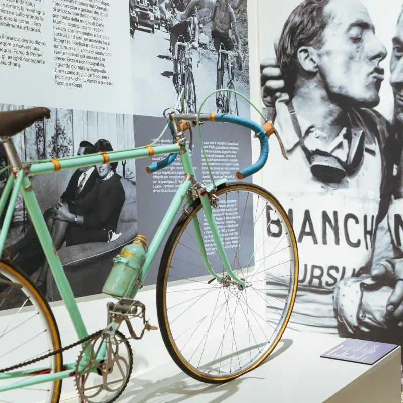 Vintage Bianchi bicycle displayed at the Ghisallo Cycling Museum on the Stelvio to Lake Como Bike Tour