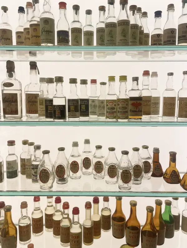 Vintage grappa bottles on display at the Poli Grappa Museum in Bassano del Grappa