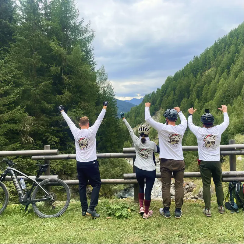 Group of e-bikers celebrating the end of their adventure in the Alps with raised arms