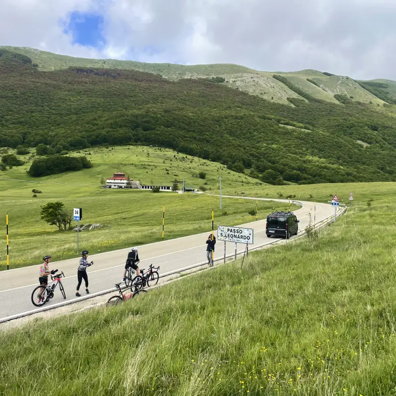 Cycling group stopping at Passo San Leonardo in the Majella mountains, Abruzzo