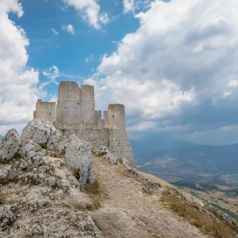 Rocca Calascio castle standing above the Gran Sasso mountains, a highlight of the Abruzzo E-Bike Tou