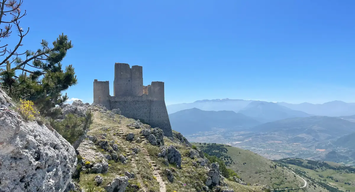 The iconic Rocca Calascio castle overlooking the Gran Sasso mountains in Abruzzo