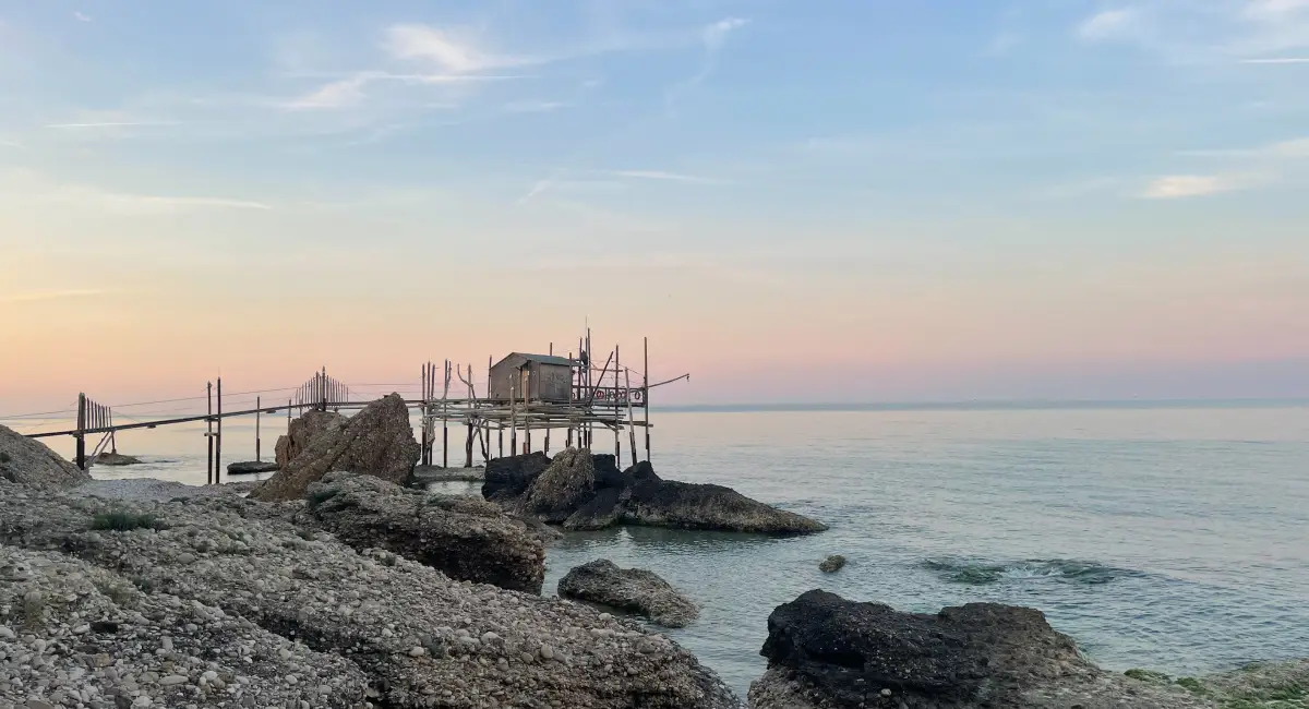 Traditional trabocco fishing hut on the Adriatic Sea along the Trabocchi Coast in Abruzzo