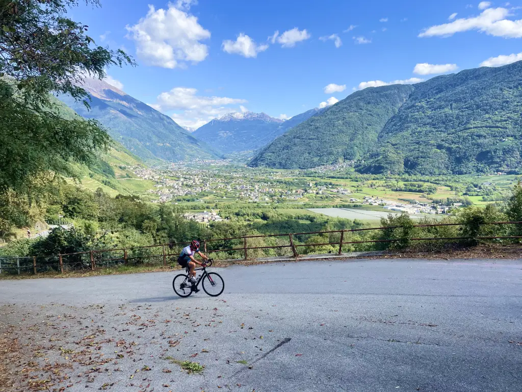 Cyclist climbing a scenic road through Valtellina vineyards with mountains in the background