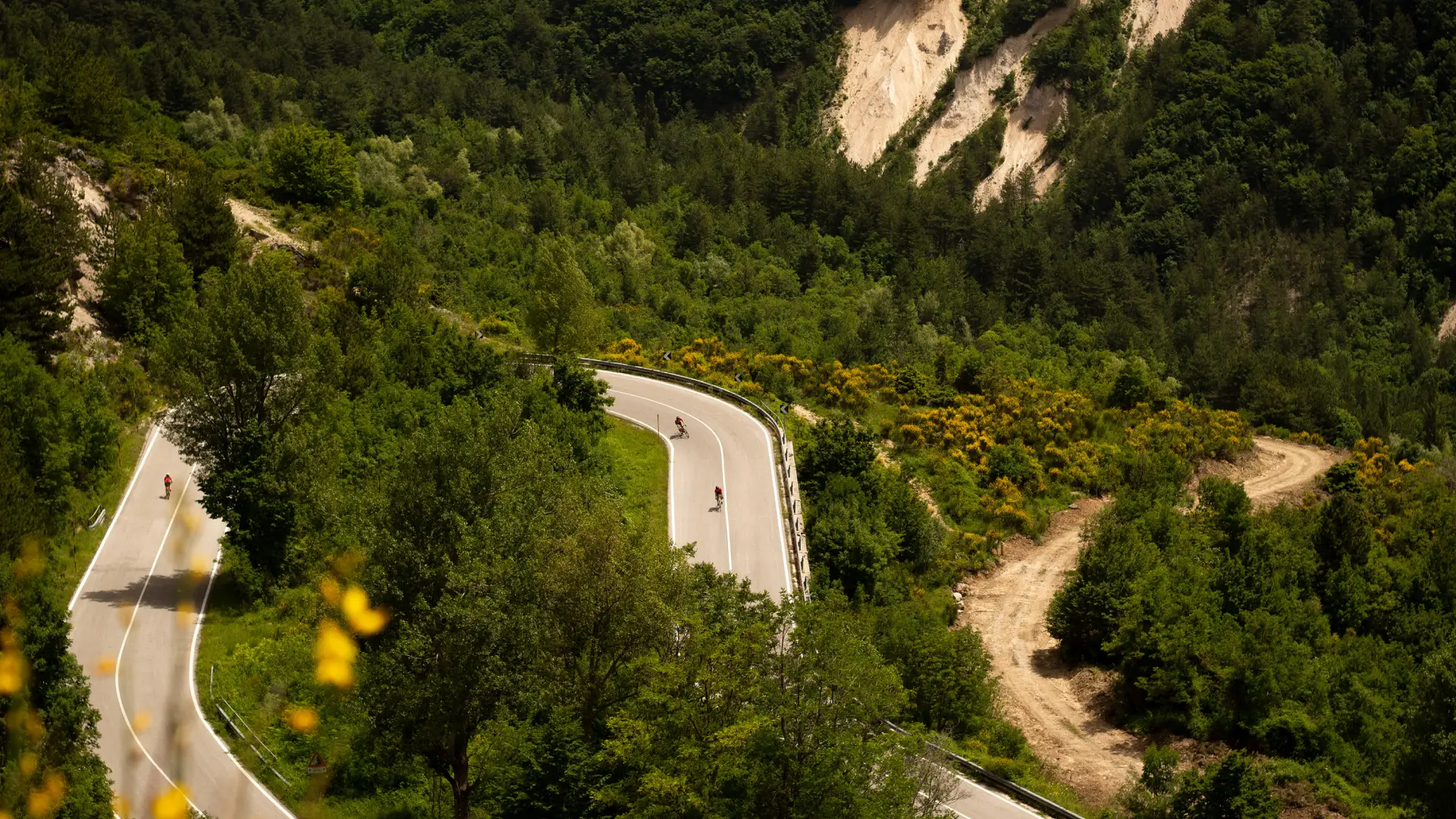 Cyclists riding down the scenic hairpins of Passo San Leonardo surrounded by lush green forest in Abruzzo