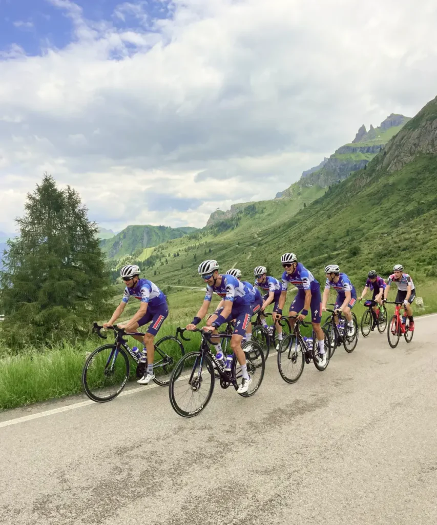 Deceuninck Quick-Step cycling team training together on the scenic Passo Pordoi in the Dolomites