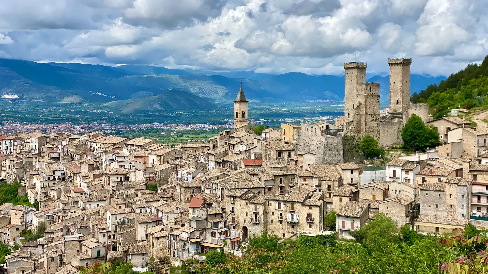 Medieval village of Pacentro with stone towers in Abruzzo