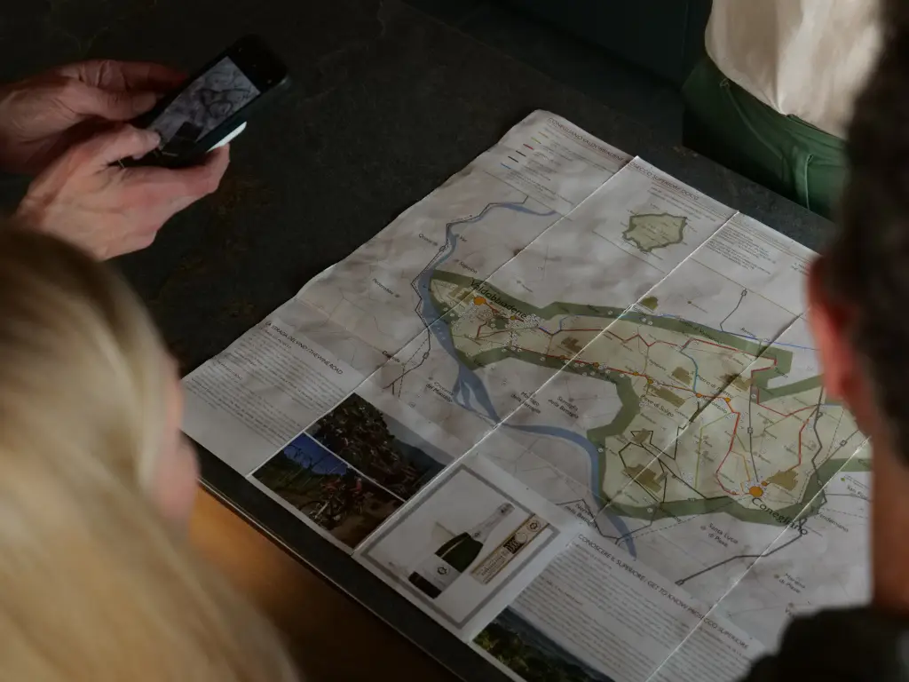 Map of the Prosecco DOCG wine region showing villages and local vineyards in the Conegliano Valdobbiadene area