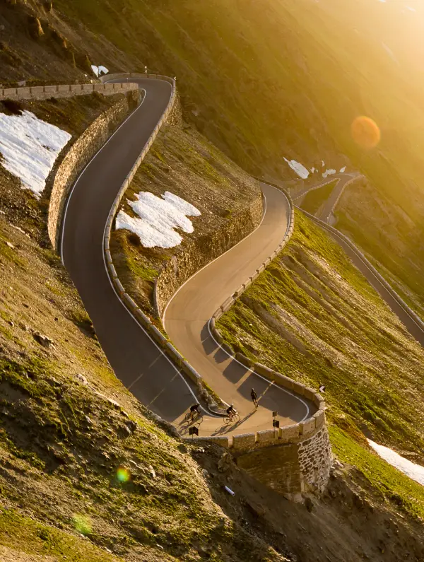 Cyclists climbing the Stelvio Pass at sunset, surrounded by alpine peaks and snow patches